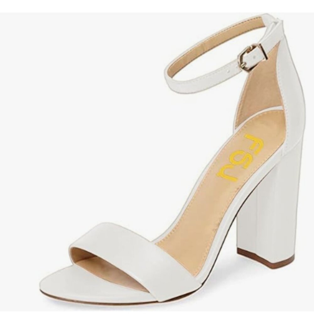 FSJ White Classic Chunky High Heel Sandals Open Toe Ankle Strap Single Band Shoe